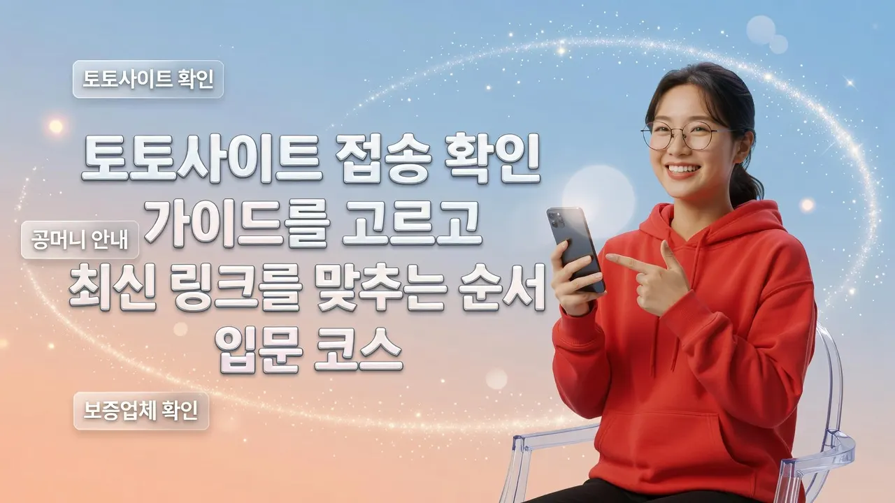 웃는 여성이 스마트폰을 보여주며 토토사이트 접속 확인 가이드와 최신 링크 안내, 입문 코스를 홍보하는 밝은 상업용 포스터.